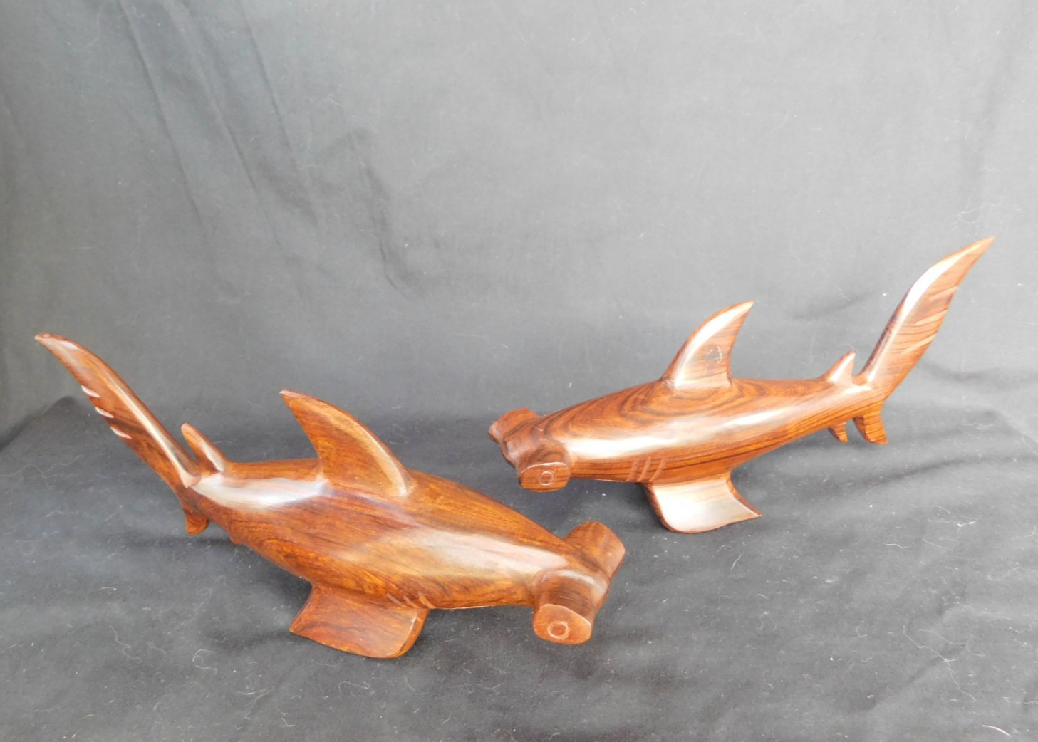 Ironwood Carved Pair Hammerhead Sharks – 8.5 inches long – figure dark wood