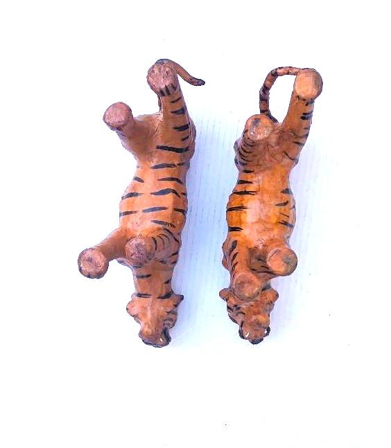 Pair of Mid-Century Leather Wrapped Paper Mache Snarling Tiger With Glass Eyes