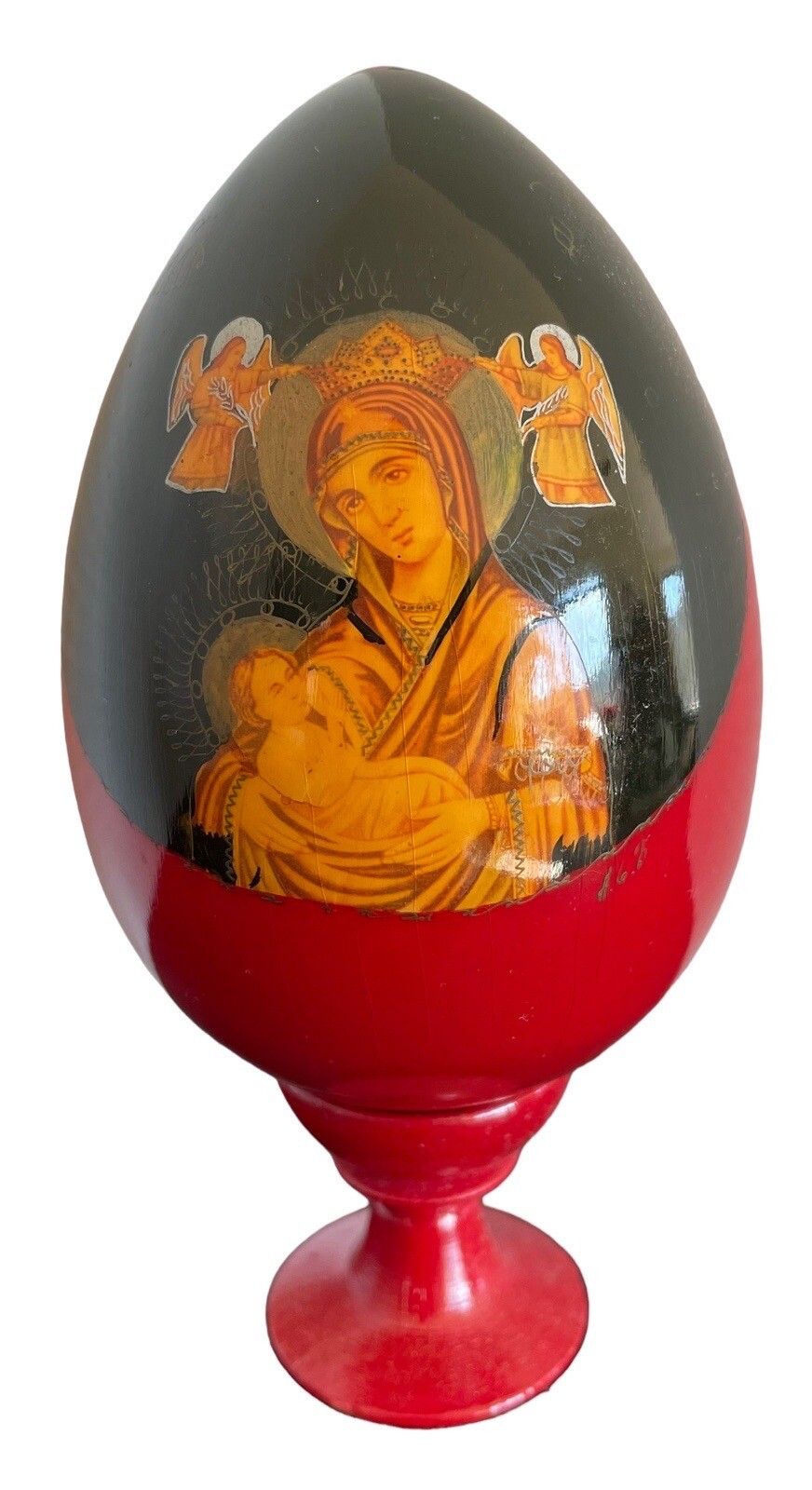 VTG Russian Madonna w Child Hand Painted Wooden Egg w Stand Religious Signed