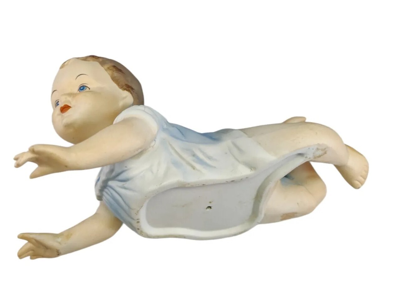 Vintage German Bisque Piano Baby Boy Blue Eyes and Clothes Crawling