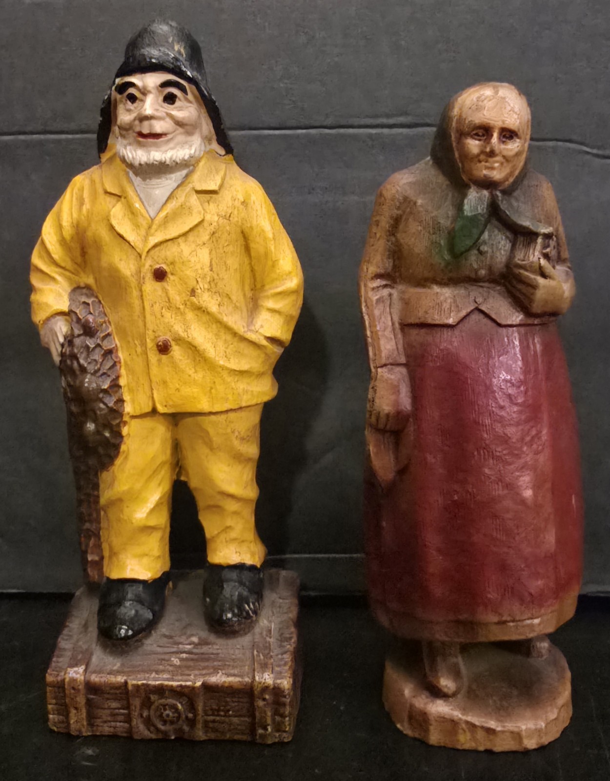 Vintage Old World Syroco Carved Wooden Painted Figures Old Woman & Fisherman