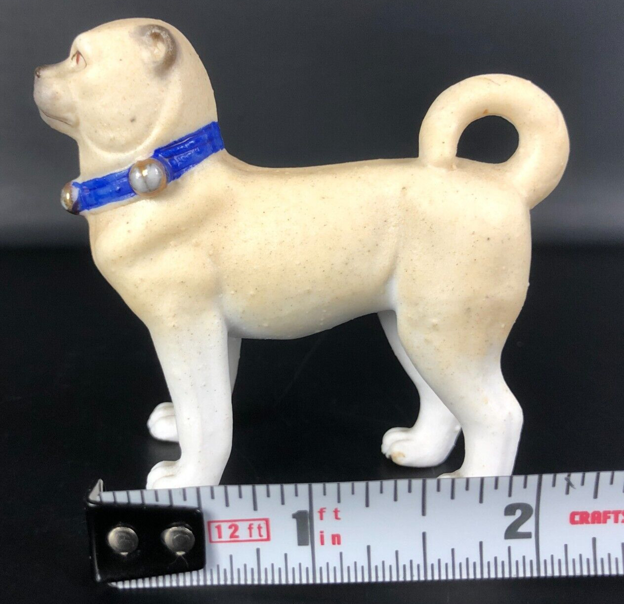 ANTIQUE 1900S PUG DOG Figure Victorian Dollhouse Miniature Bisque Figurine 2.50″
