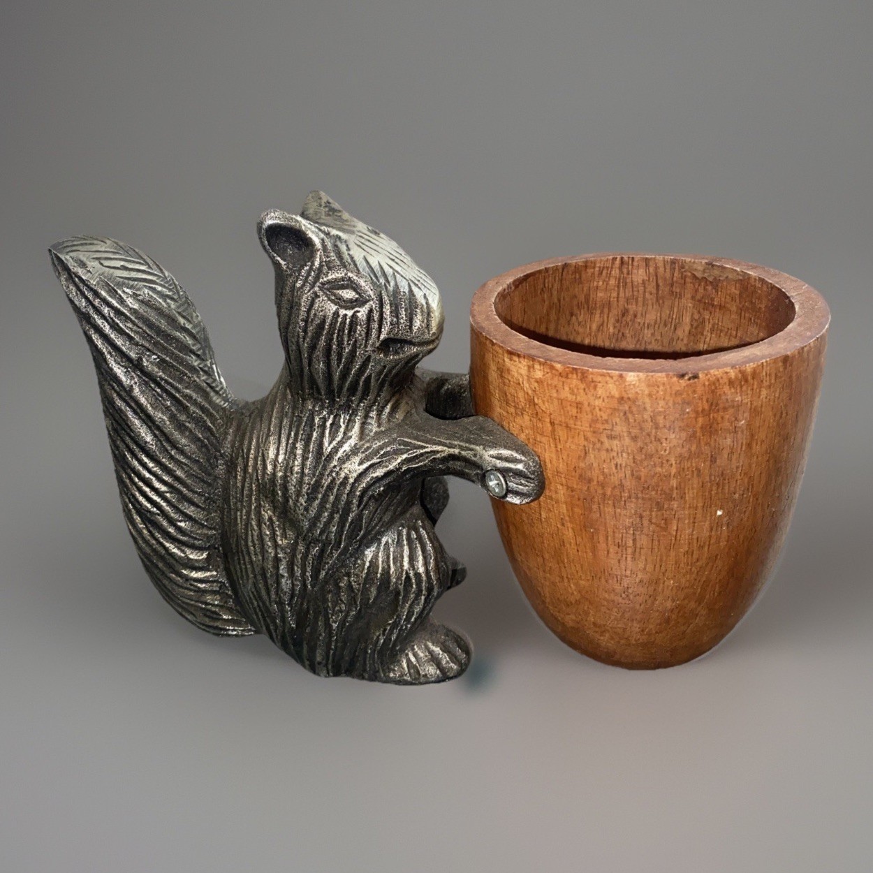 Vintage MCM Squirrel Nut Holder Cup Figurine Metal Wood Free Shipping! Rare!