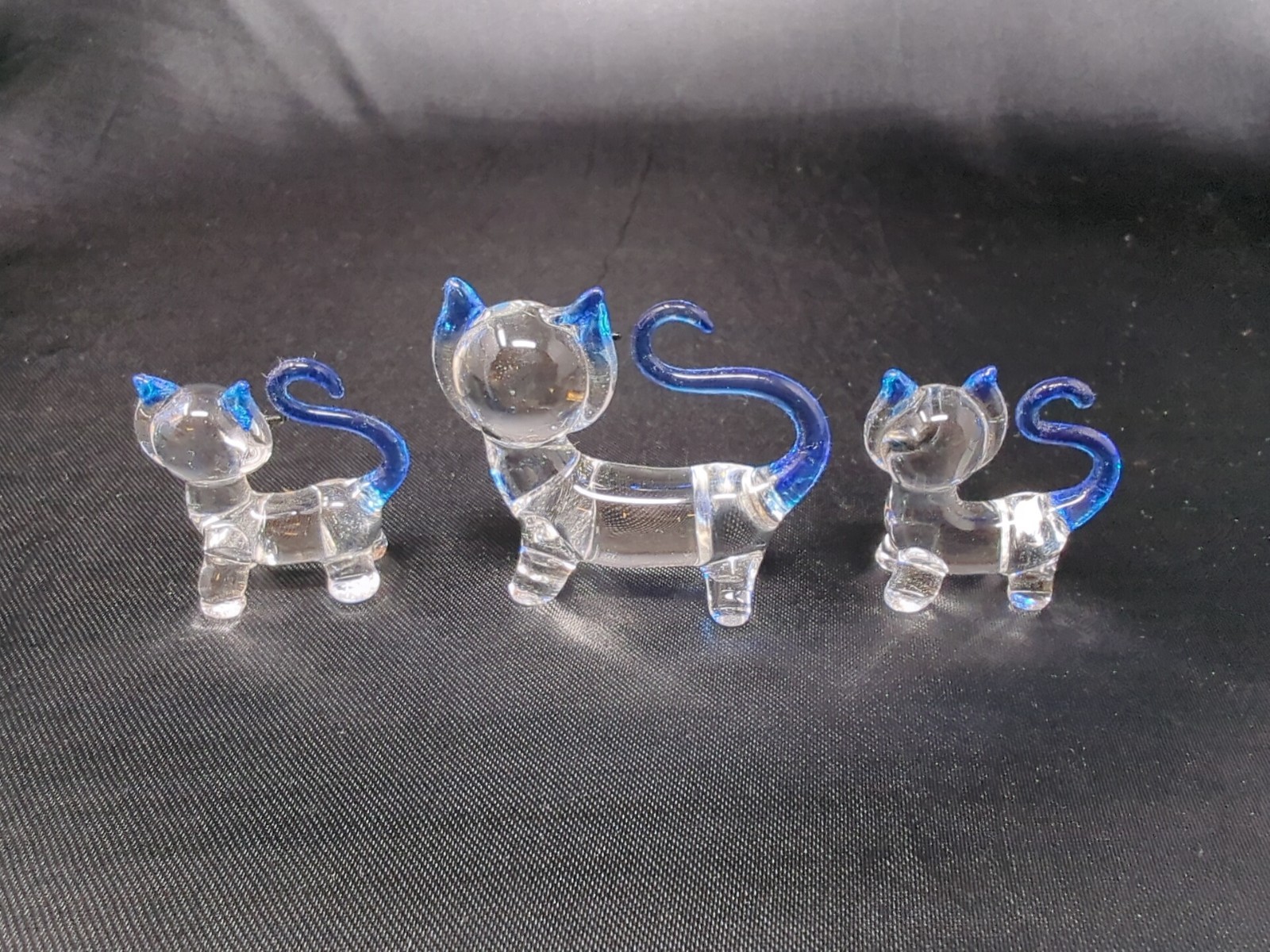 3 Mini Clear Glass Cat Figurine Blue + Black Detail Trio Standing Cats Figure
