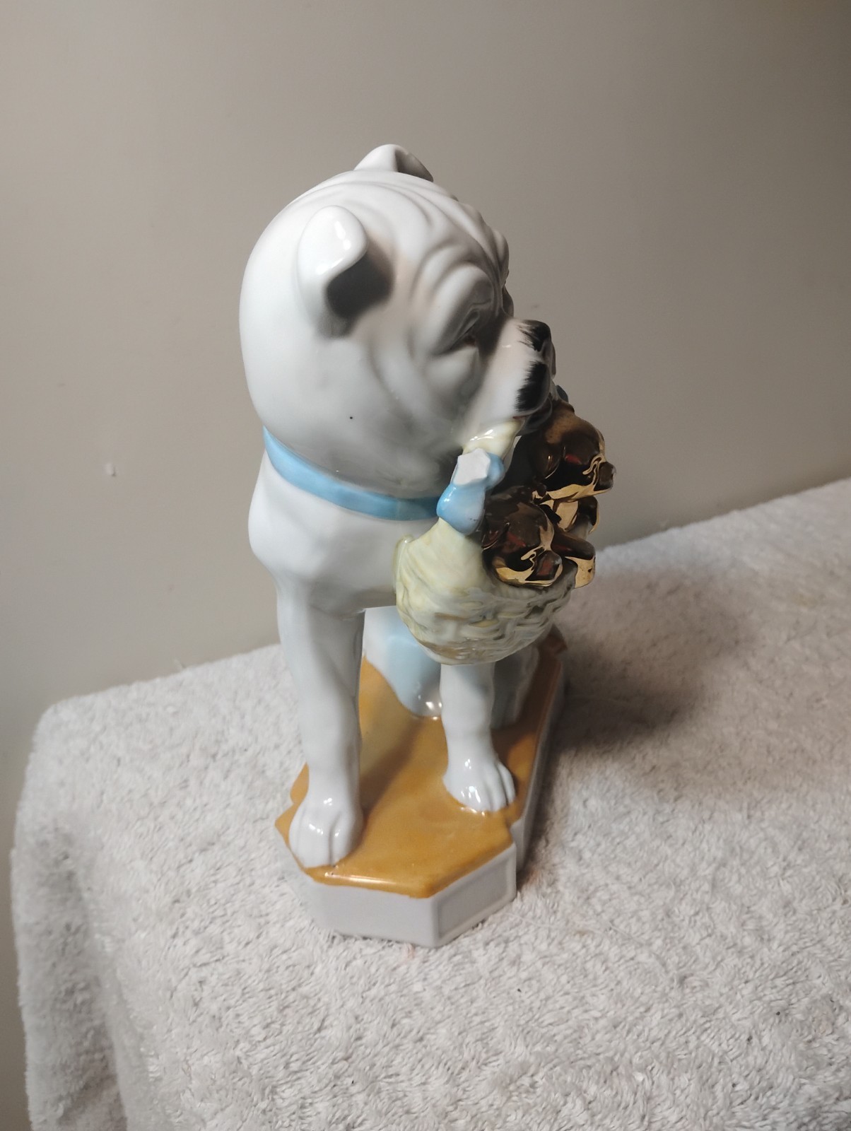 Antique Heubach or Grafenthal Porcelain French Bull Dog w Basket of 2 Gold Pups