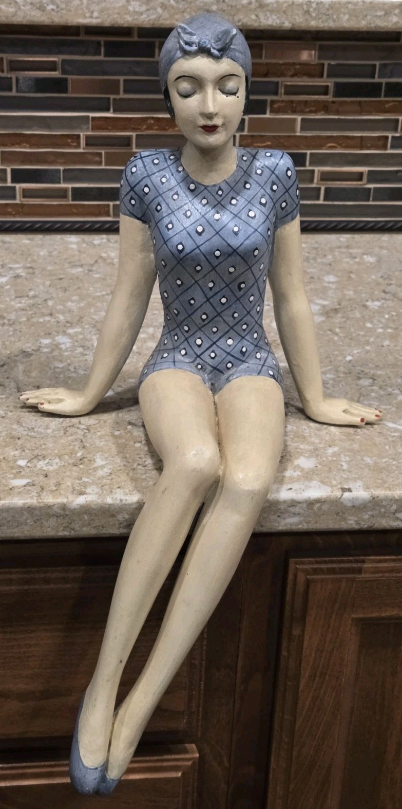Vintage BATHING BEAUTY FIGURINE Collectible Plaid Bather Shelf Sitter Large 18″