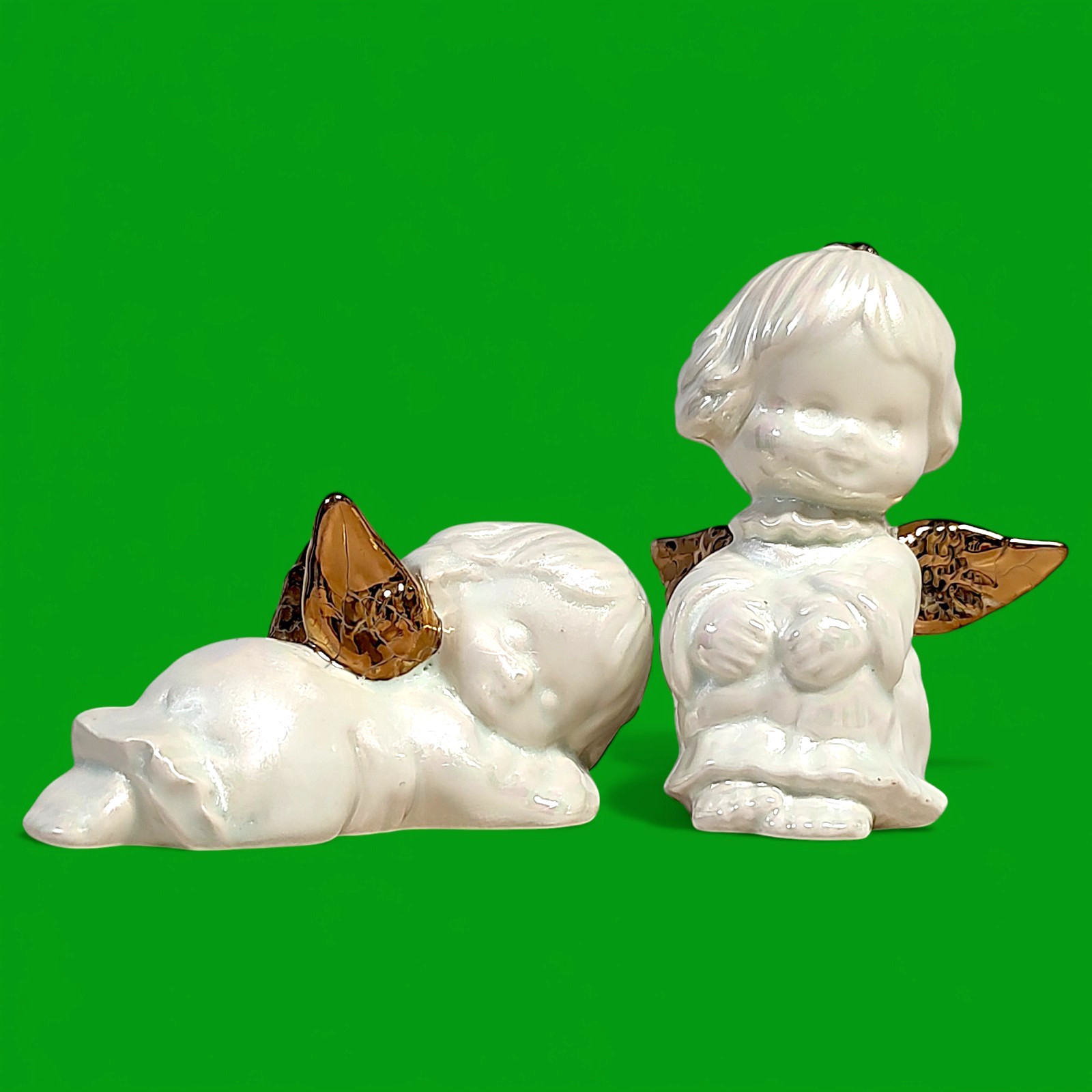 2 VTG 1992 Ceramic Sleeping/Sitting Pearlescent White Cherub Angel Figurines 3″
