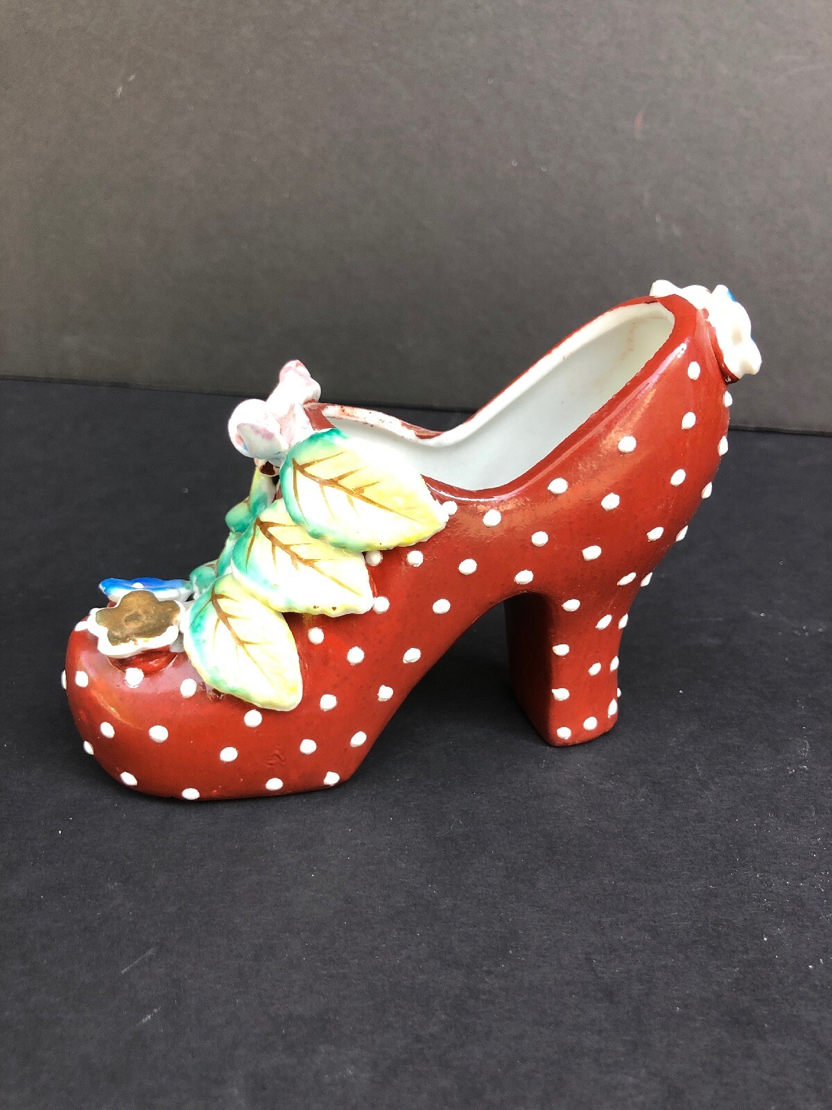 Vintage Large Miniature Porcelain Shoe Moriage Style Rust Brown Raised Work 6″