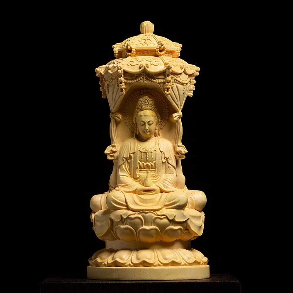 15cm Three Face Amitabha Guanyin Wooden Buddha Statue Home Altar Decor