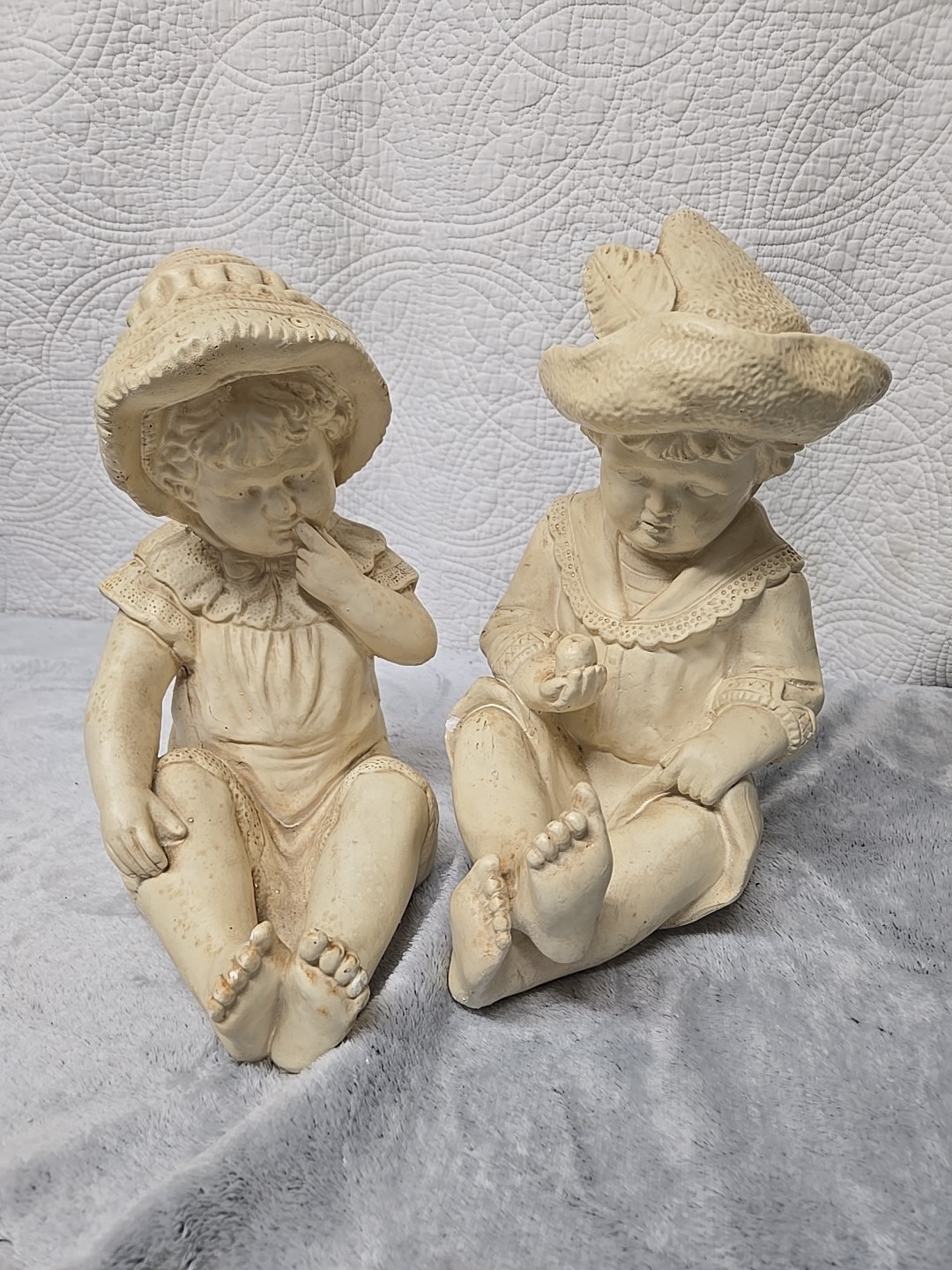 Pair Of Antique Chalkware Plaster Babies Girl/ Boy Alabaster
