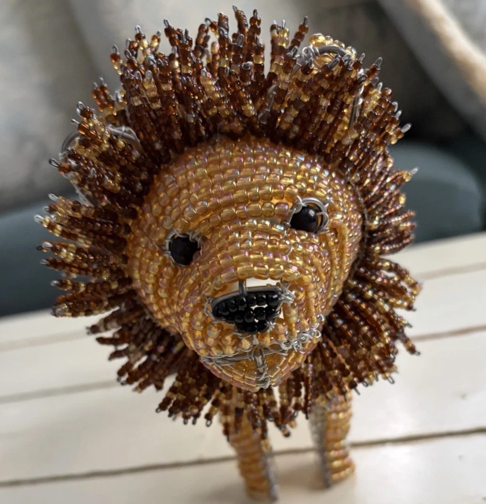 Handcrafted Beaded Lion Figurine Sculpture Brown Gold Wild Animal Carvings