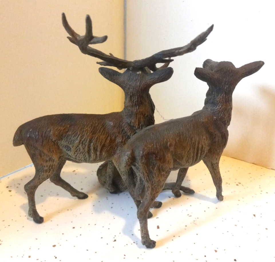 Vintage 1-pc All-attached Buck Doe Fawn Deer Set Metal Cast Figurines EUC Rare