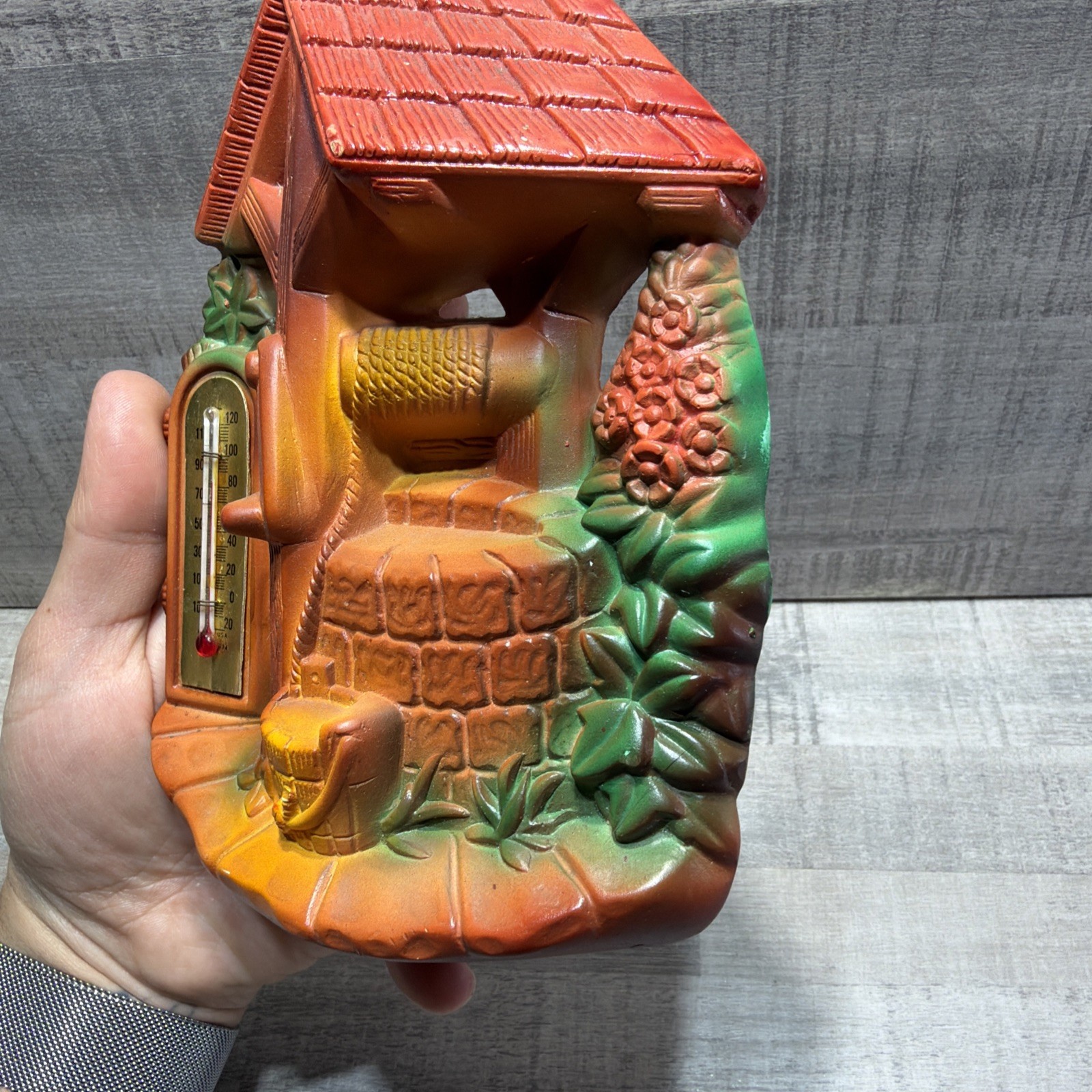 Vintage 6” 1966 Miller Studios Chalkware Wishing Well Thermometer Free Shipping