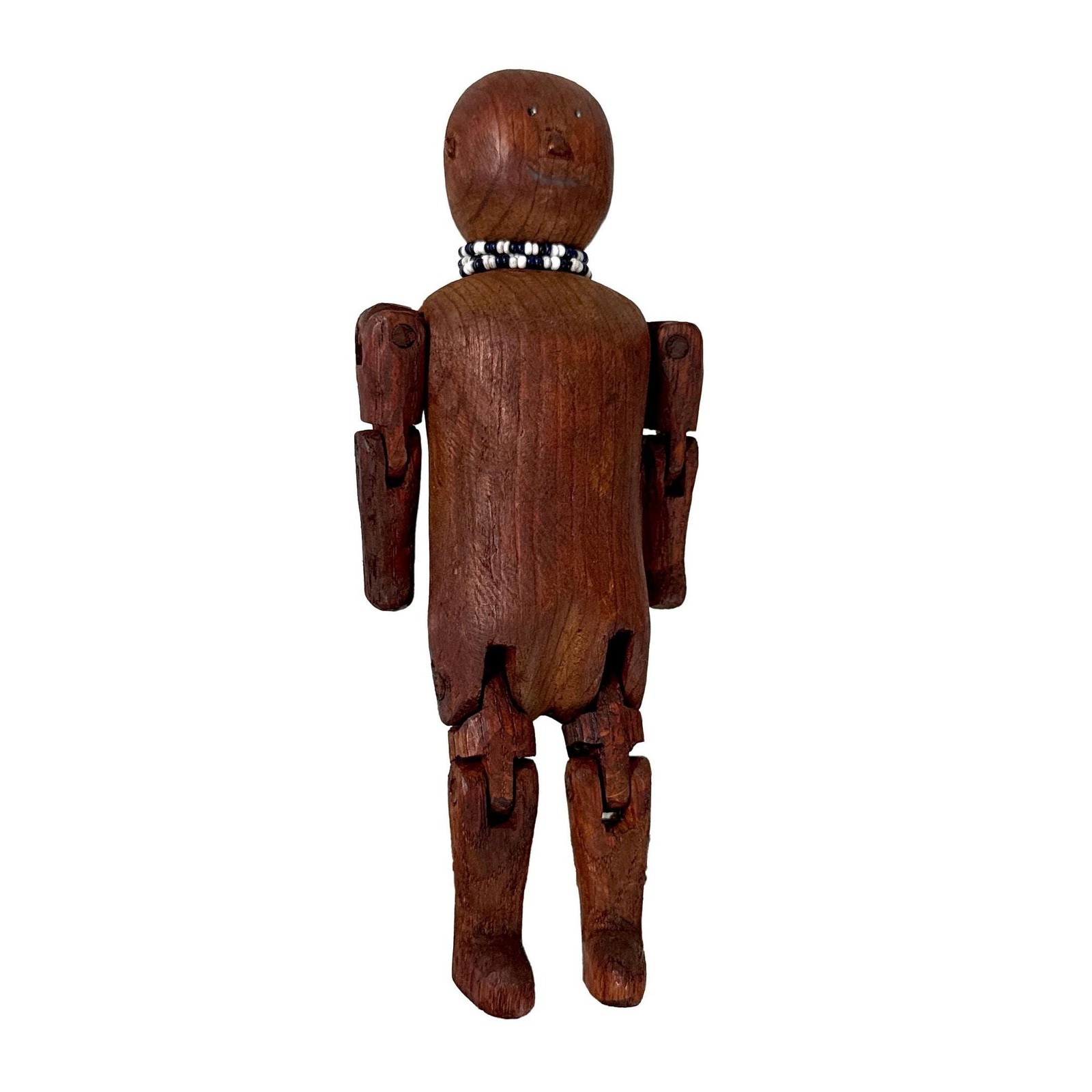Vtg 50s Folk Art Carved Articulating Wood Doll Jointed Man w/ Beaded Necklace
