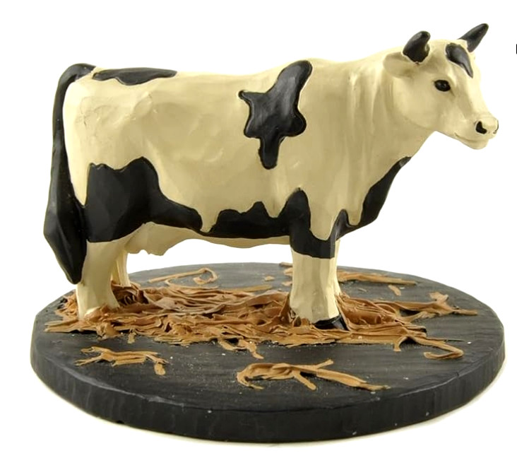 vtg Blossom Bucket artist signed Cindy Lowry cow figurine 3″ black white