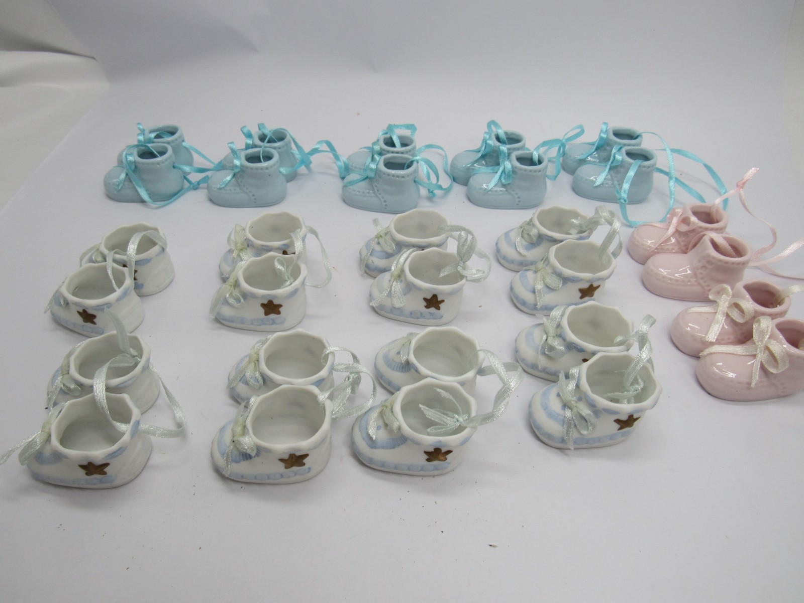 Mixed Lot of 15 Porcelain Baby Shoe Figurines – Blue, Pink & White Keepsake Coll