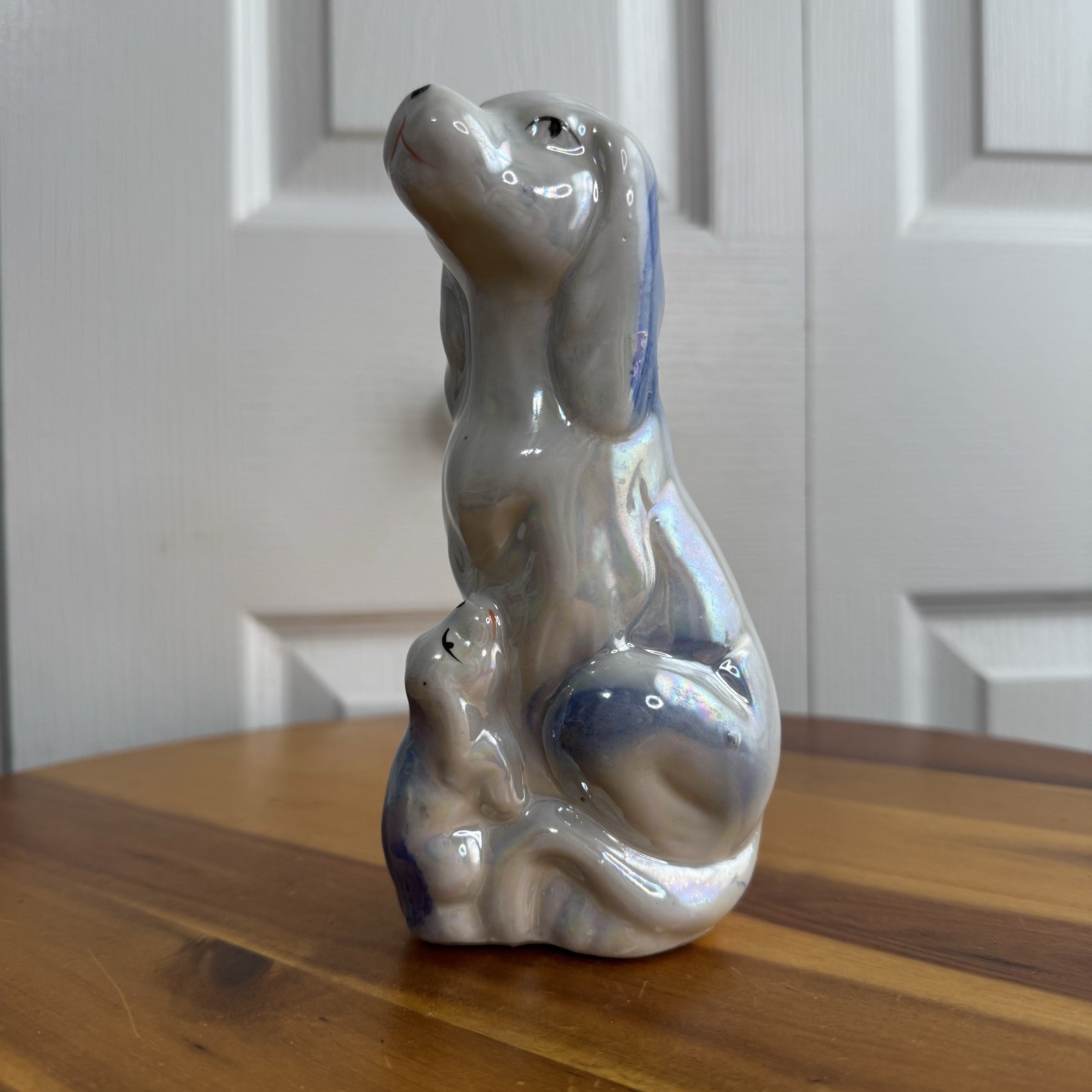 Lusterware Opalescent Dog Mama & Puppy Ceramic Statue Vintage Office Home Decor