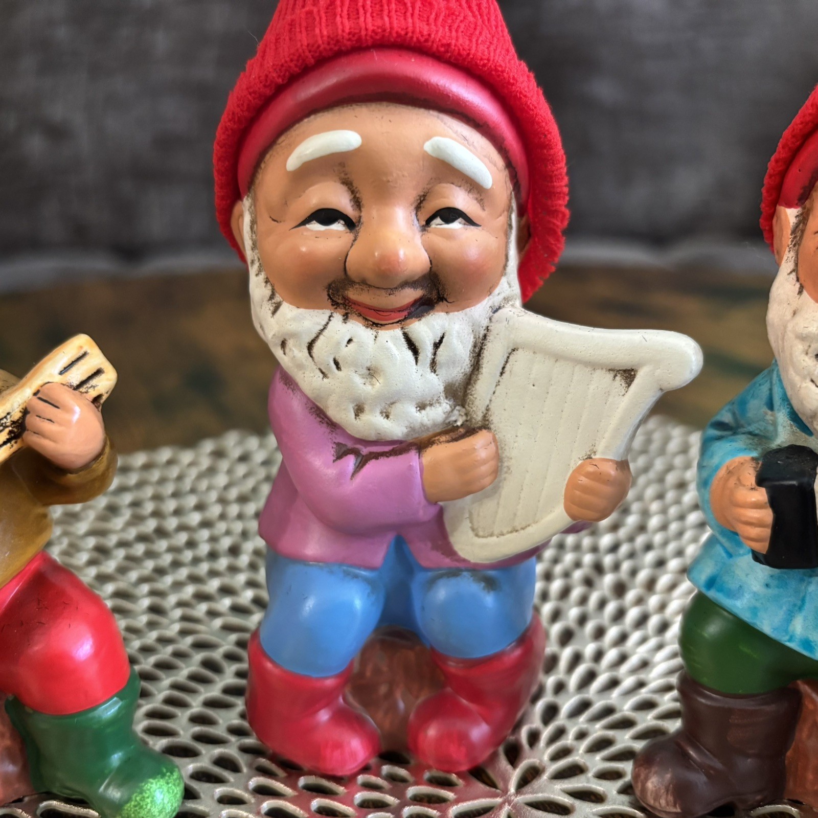 Vintage Figurines 3 Gnomes Playing Instruments Knitted Hats 5”