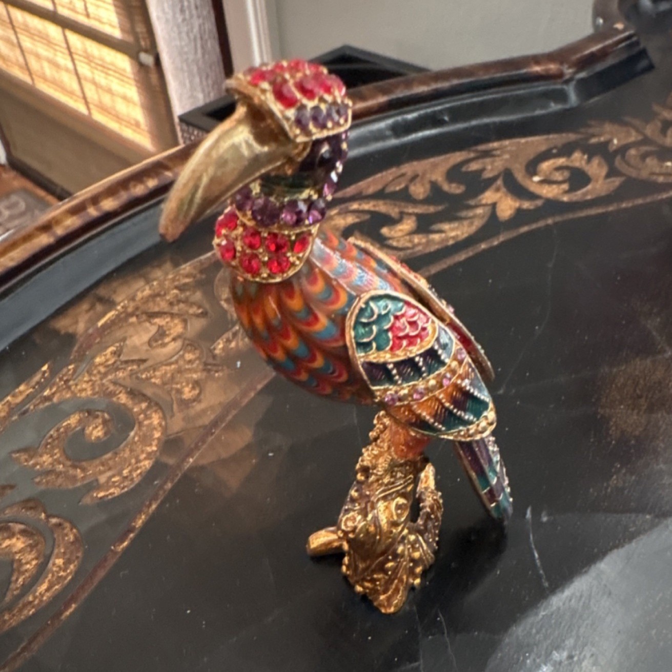 Jewelled Multicolor Metal Bird Figurine Painted Animal Decor