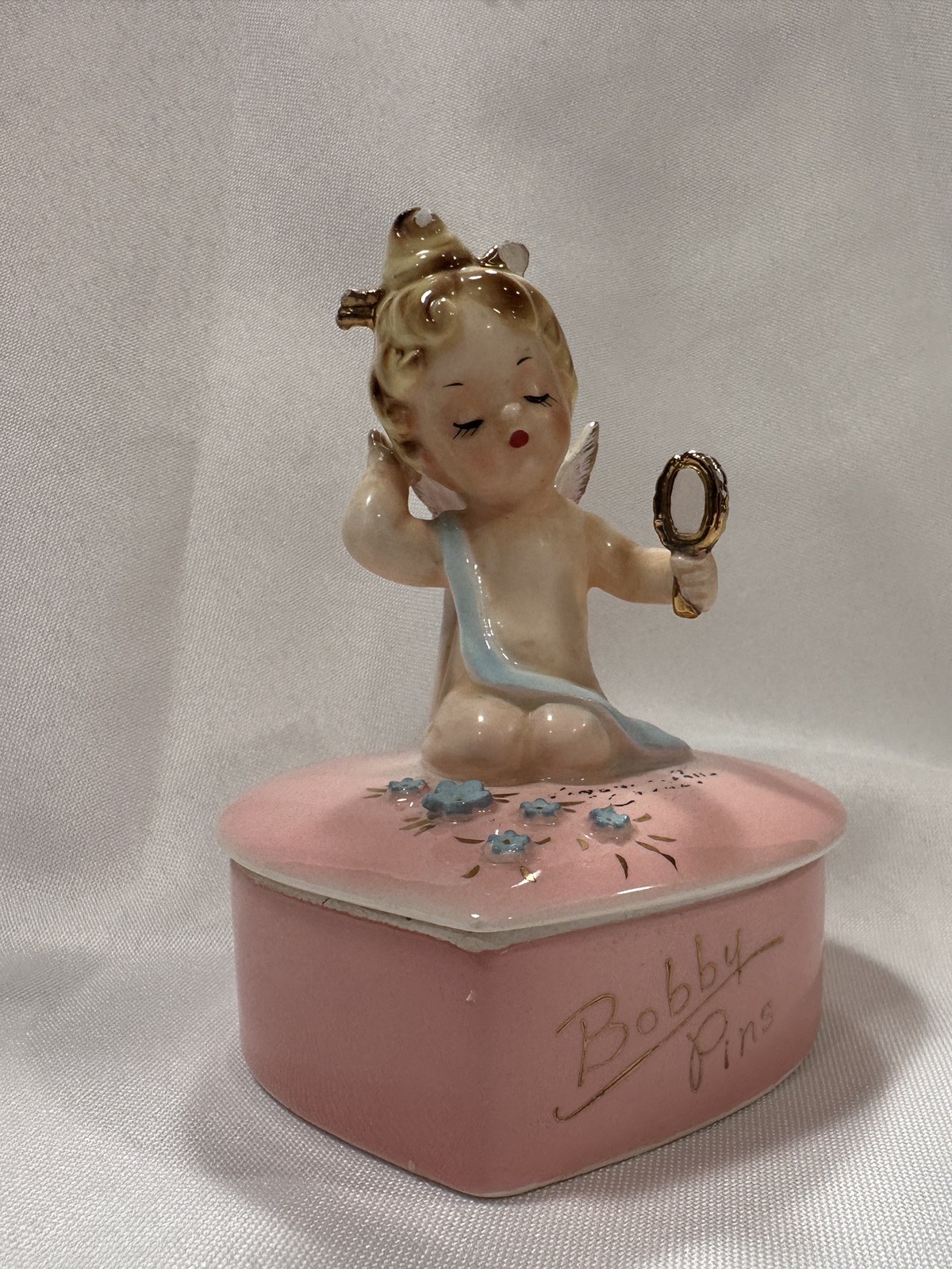 Rare Vintage Josef Originals Heart Shaped Trinket Dish BOBBY PINS Cupid Angel
