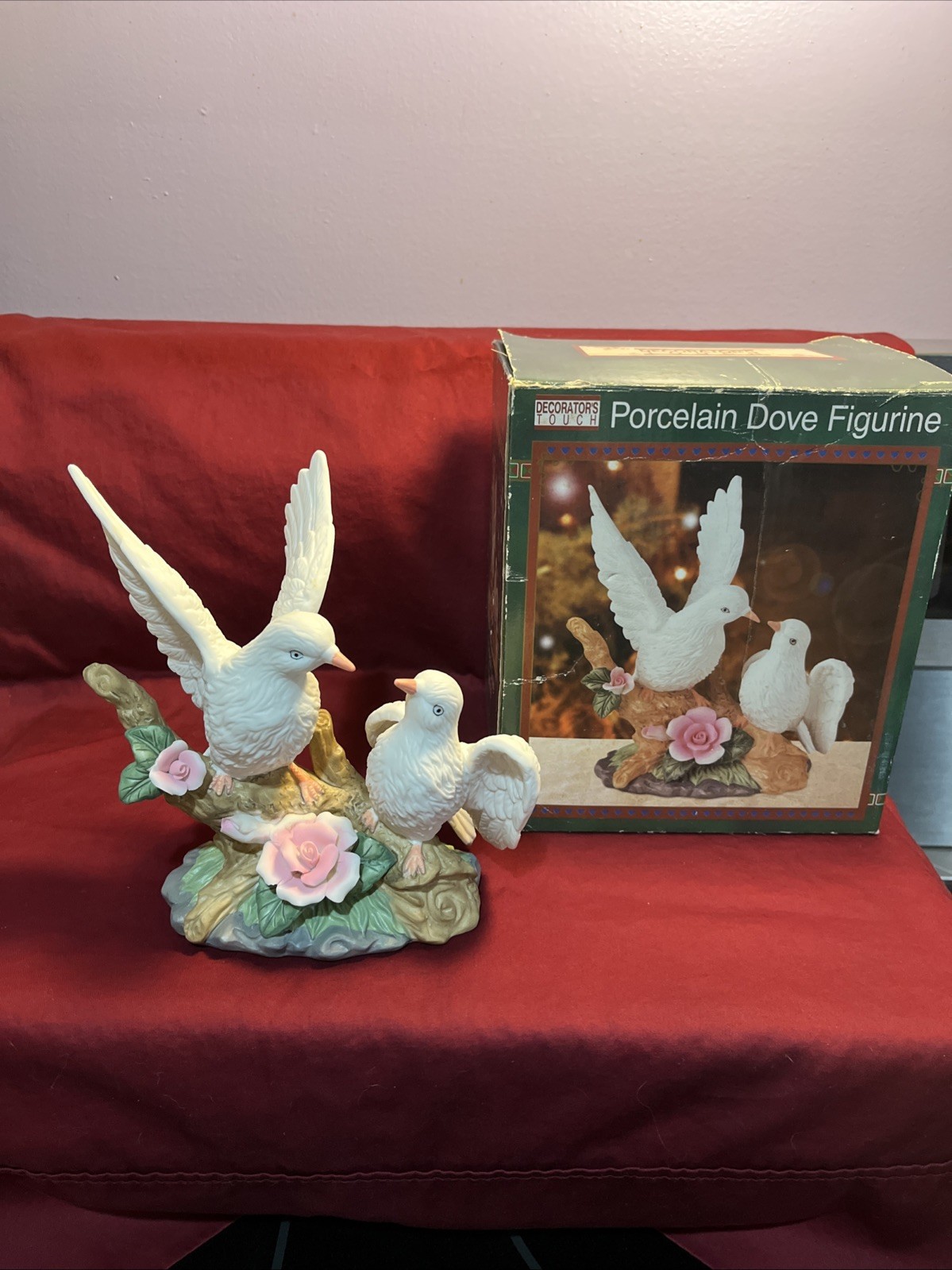 Porcelain Dove Figurine On Branch Pink Roses Vintage 1980’s Hand Painted EUC