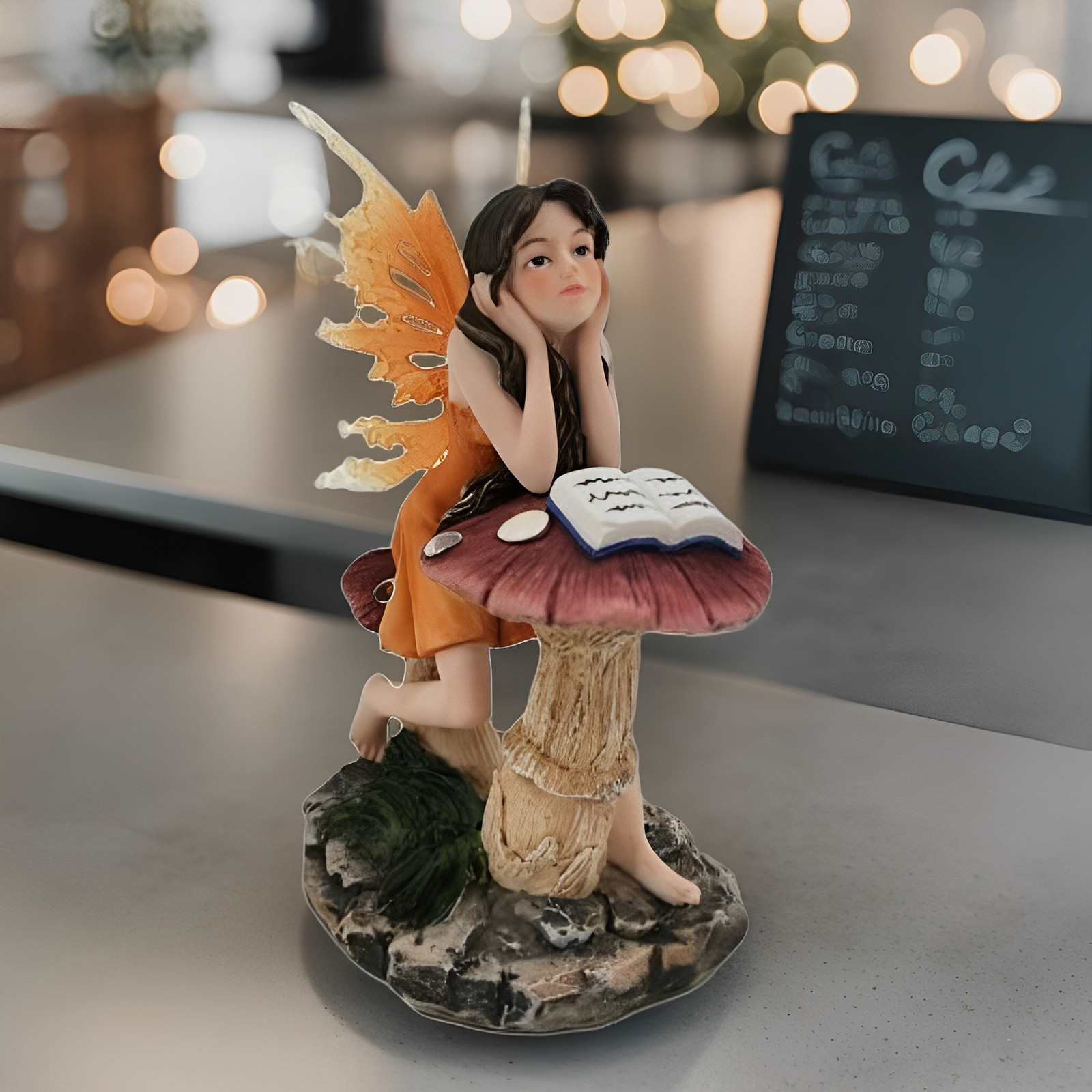 5.5 H Orange Fairy Reading on Mushroom Figurine Ornament Home Decor Unique Gift
