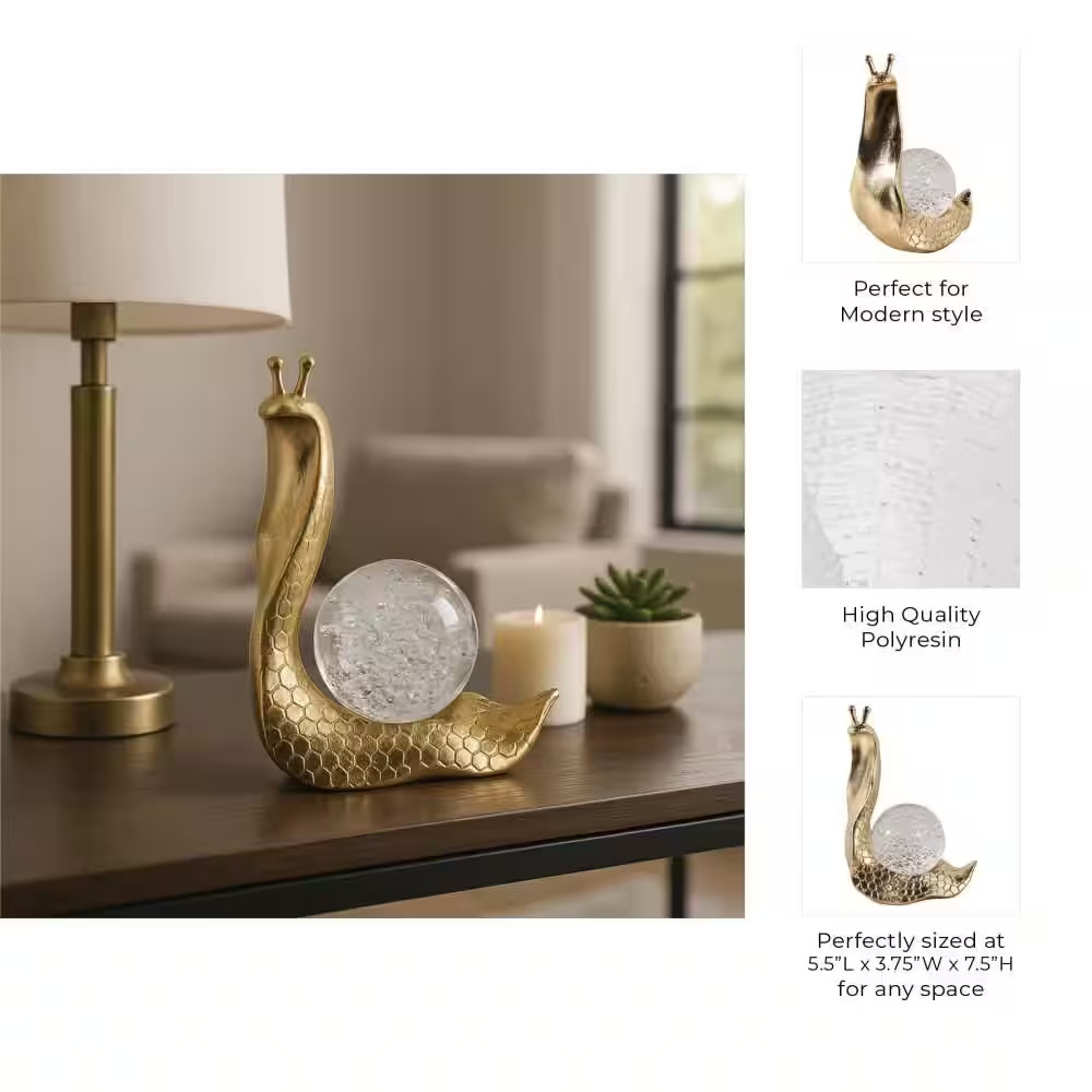 Gold 5.5 in X 7.5 in Resin Snail with Glass Ball Figurine