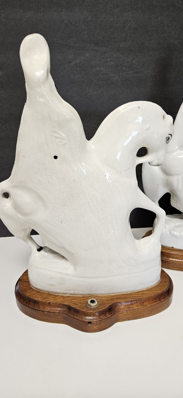 Staffordshire Scottish Highlander Mounted Hunters Base Lamp Pair 16″ Antique
