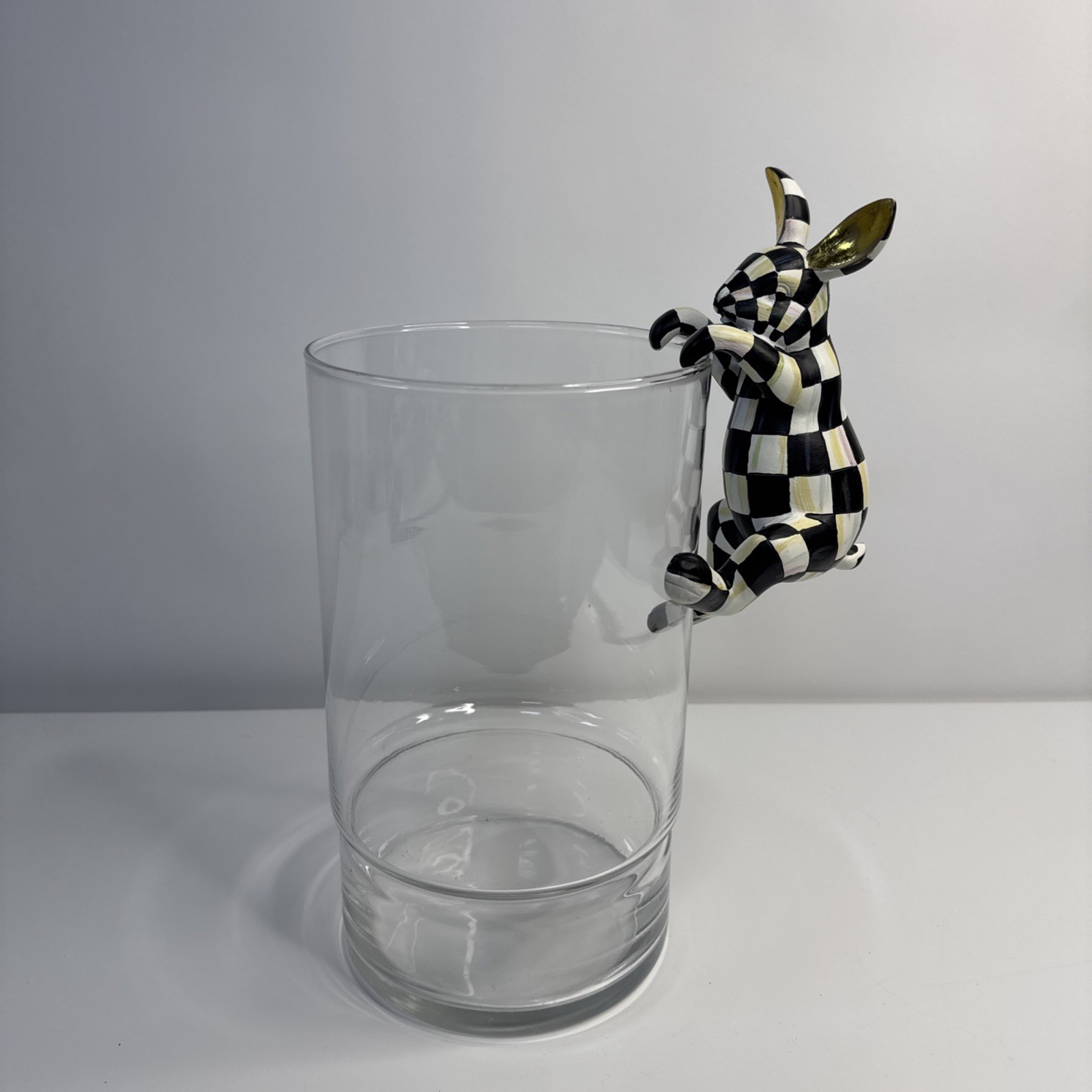 MacKenzie Childs Funny Bunny Courtly Check Black & White Gold Ears Pot Climber