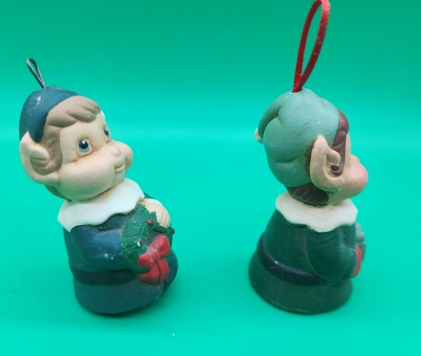 Vintage 1970’s Jasco 3.0″ Bell Elves figurines Christmas ornaments Elf pair lot