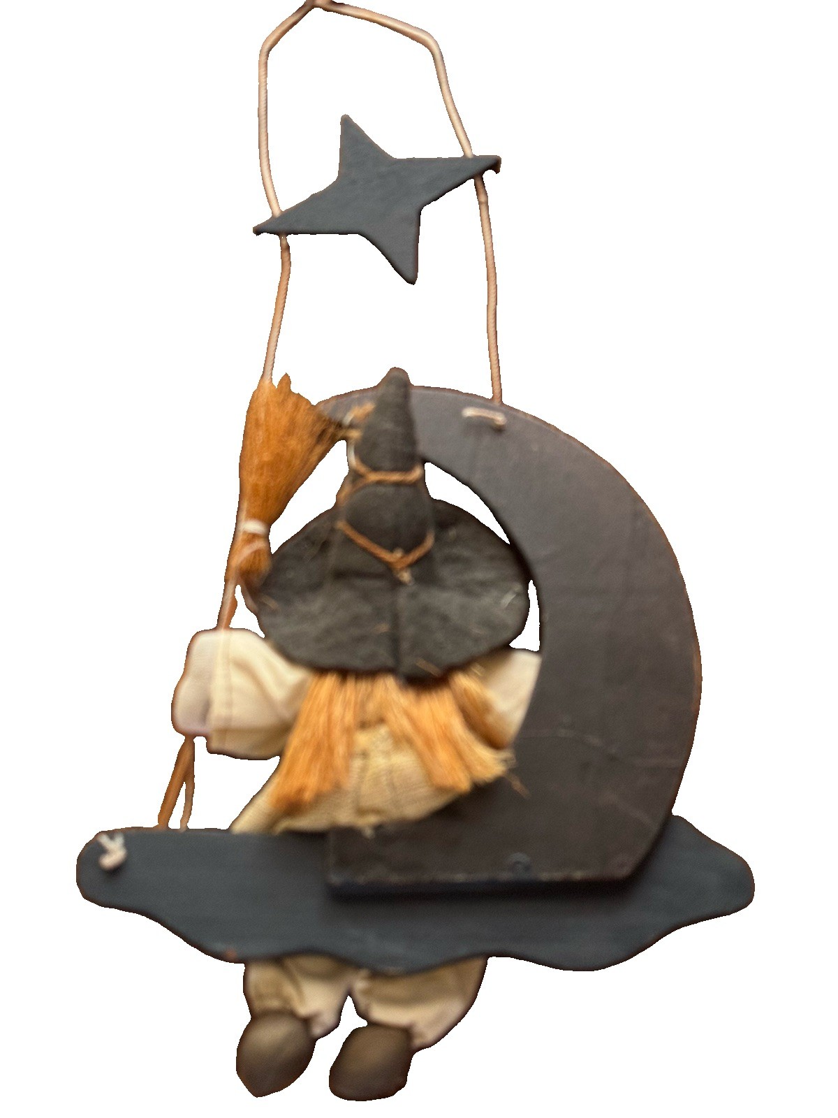 German Handmade Kitchen Witch Doll – Witch Hanging On Moon Good Luck Witch 17 In