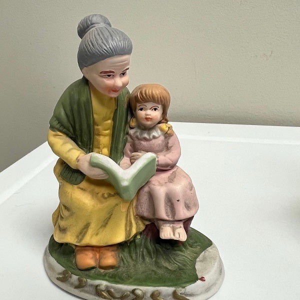 Hand Painted Porcelain Figurines Grandparents Reading Child Set of 2