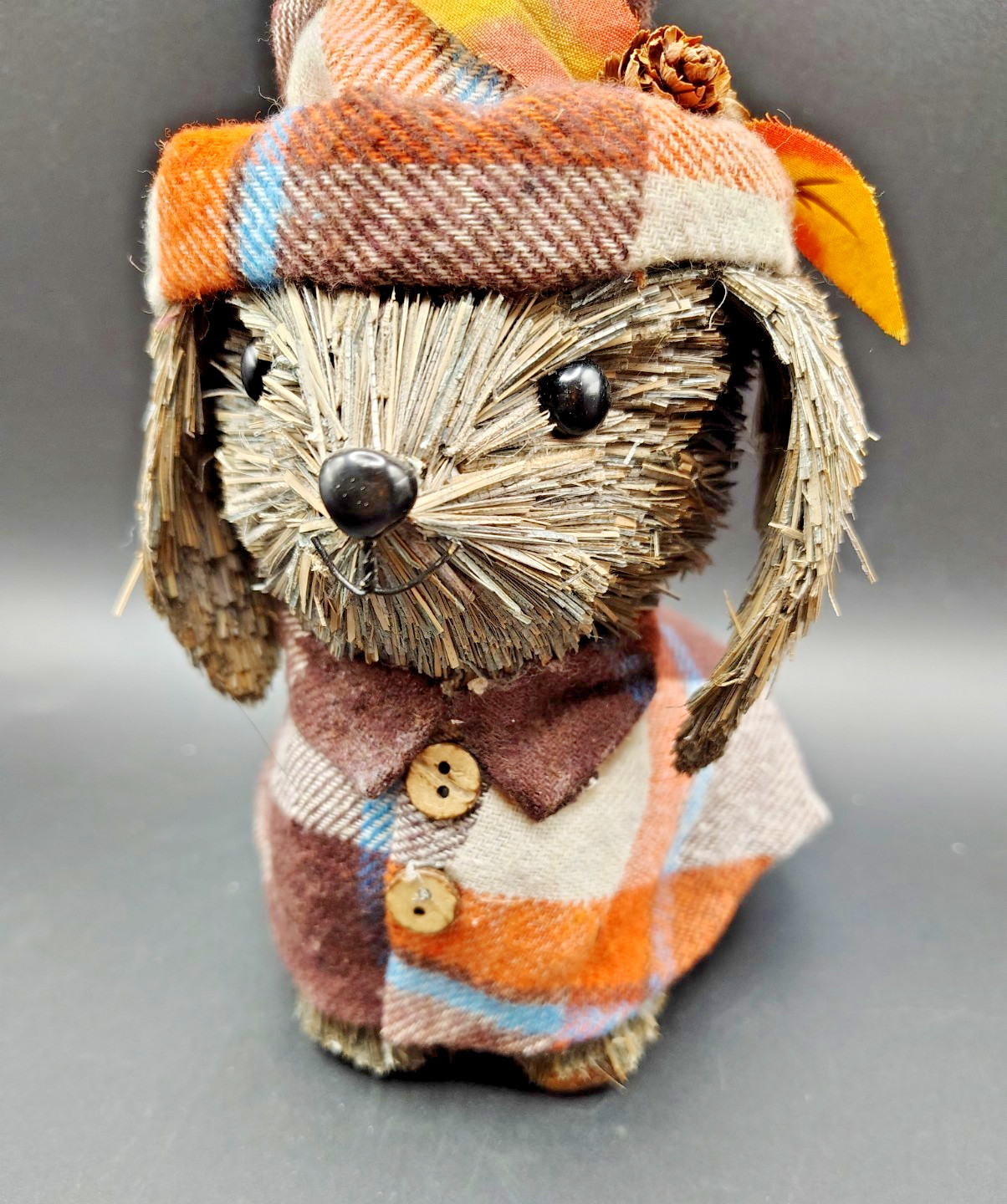 Small Decorative Dog Figurine Straw Raffia in Plaid Hat & Jacket with Pinecones