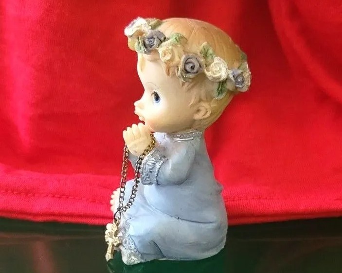 Praying Child Flower Head Band Holding Cross with Chain Jewelry Figurine Vintage