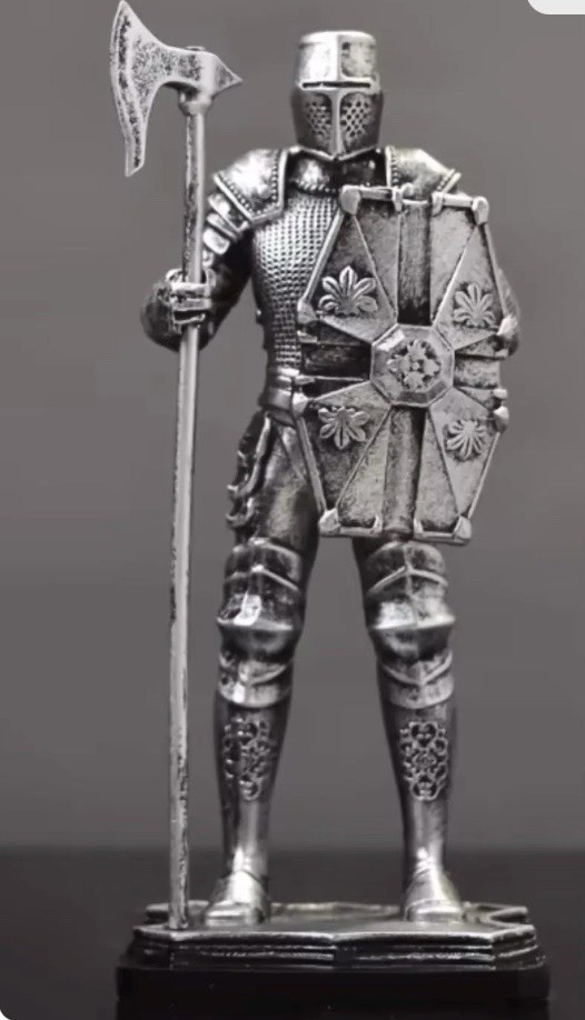 Medieval Knight Resin Statue: Antique Silver Finish, Sword, Shield, Helmet