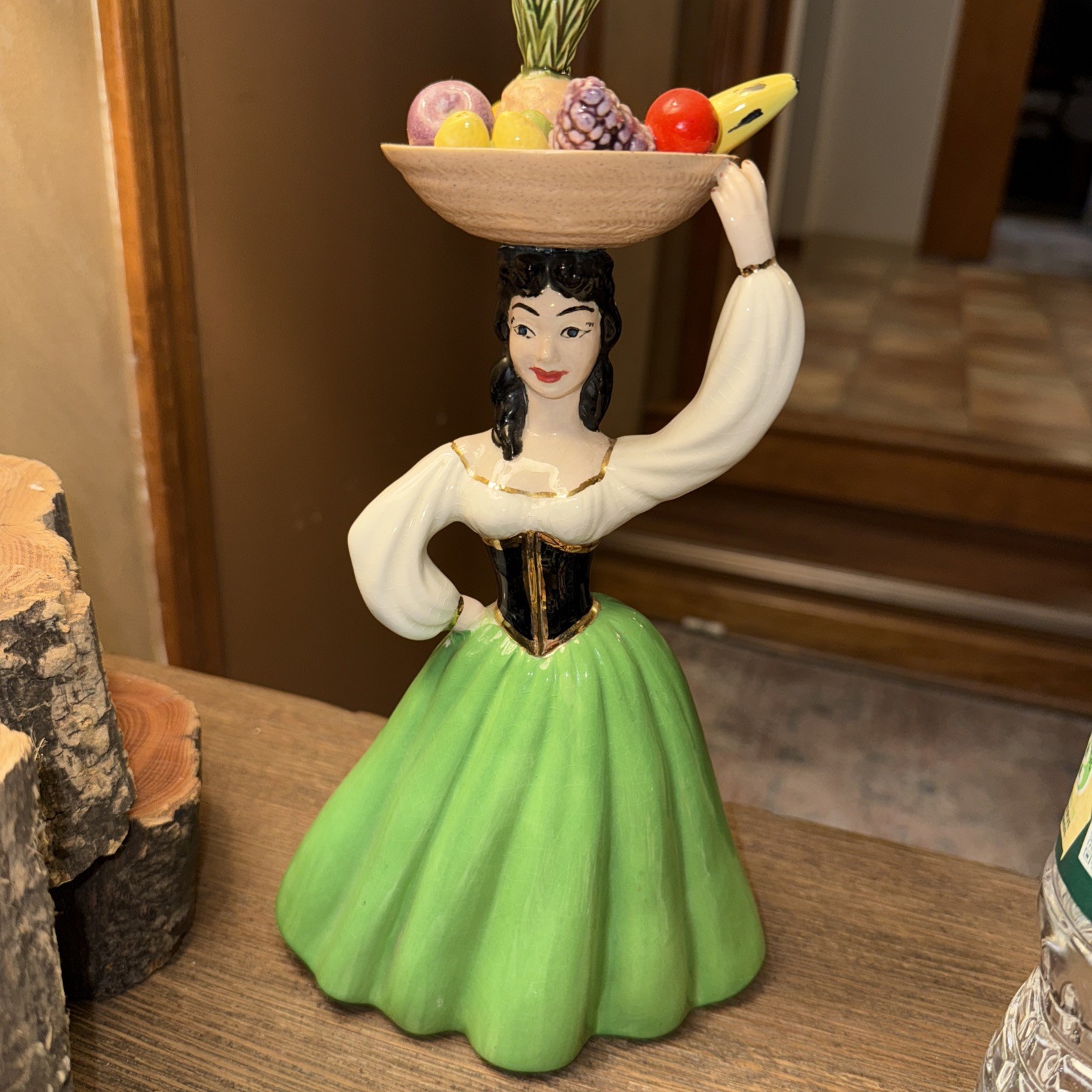 Vintage MCM Lady Holding Fruit Bowl On Her Head Stunning Green And Gold Figurine