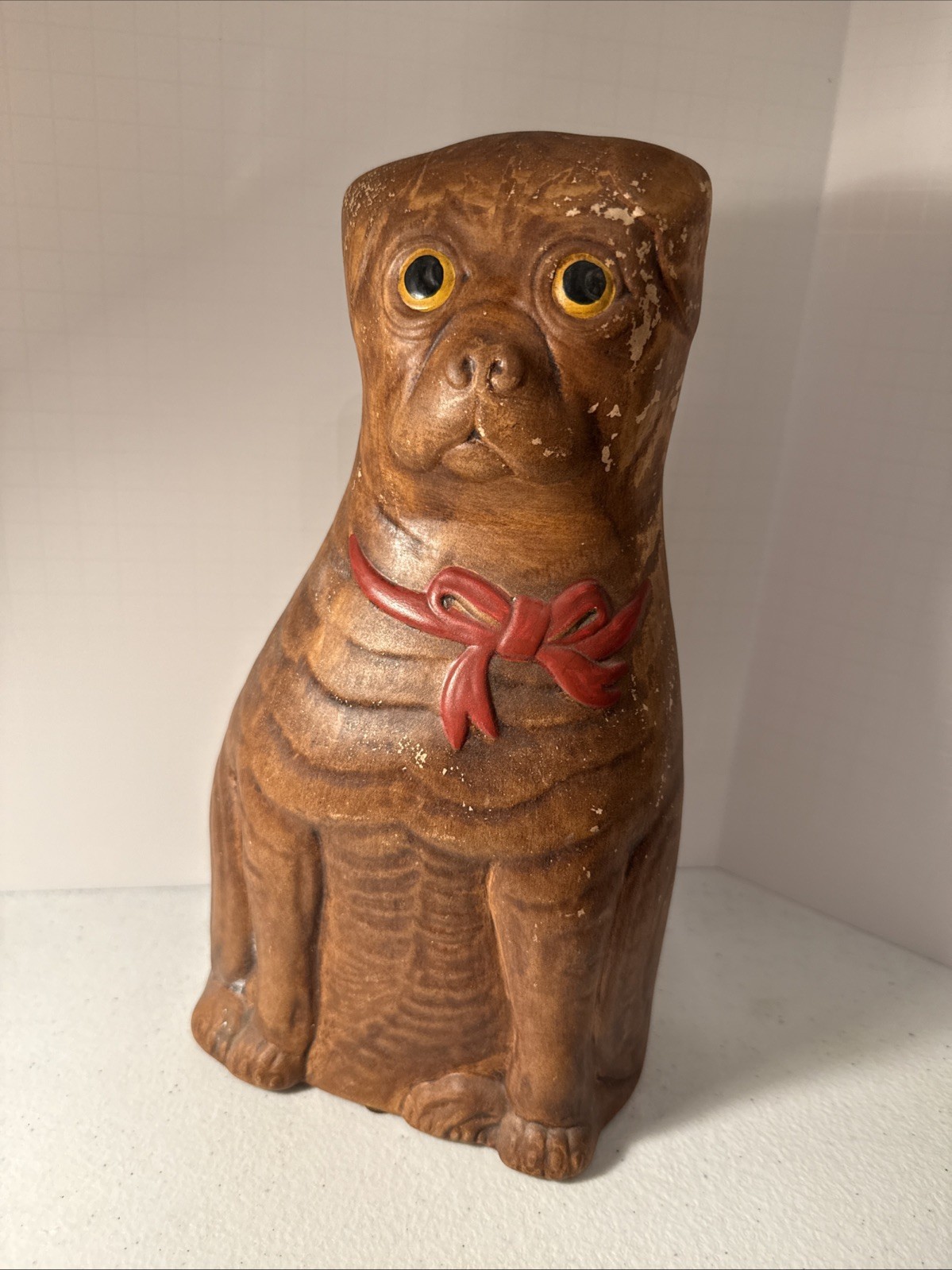 Vintage ceramic pug DOG faux carved wood doorstop manual 11” Original Patina