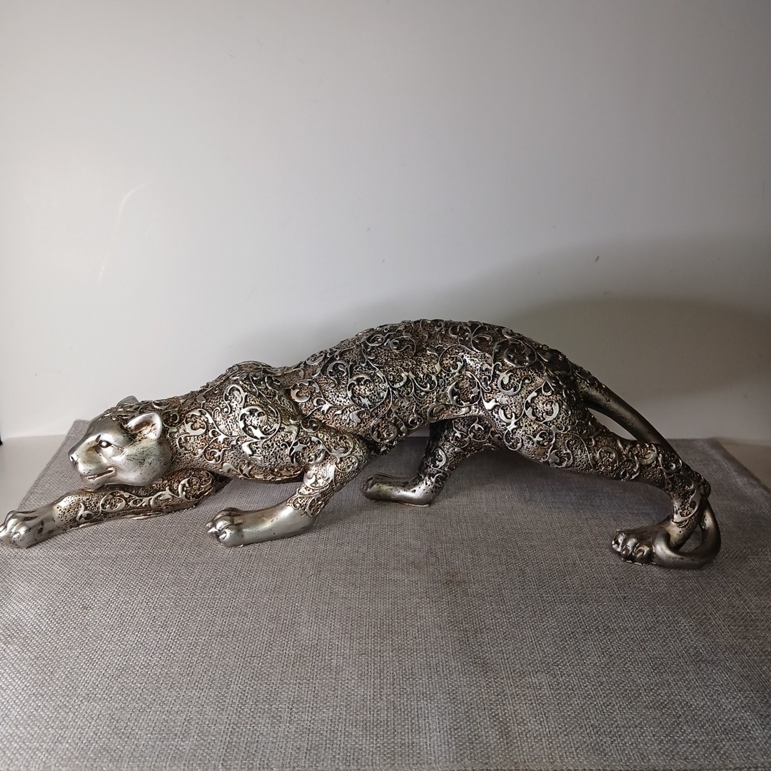 Filigree Design Jaguar Sculpture Figurine 16” Silver Tone