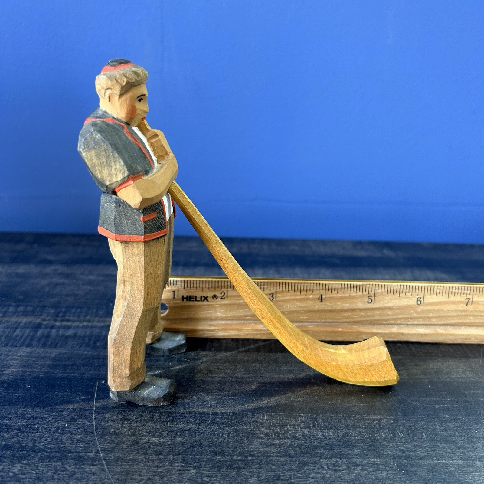 Vintage Hand Carved Wood Swiss Man Figurine Alphorn Player Switzerland Folk Art
