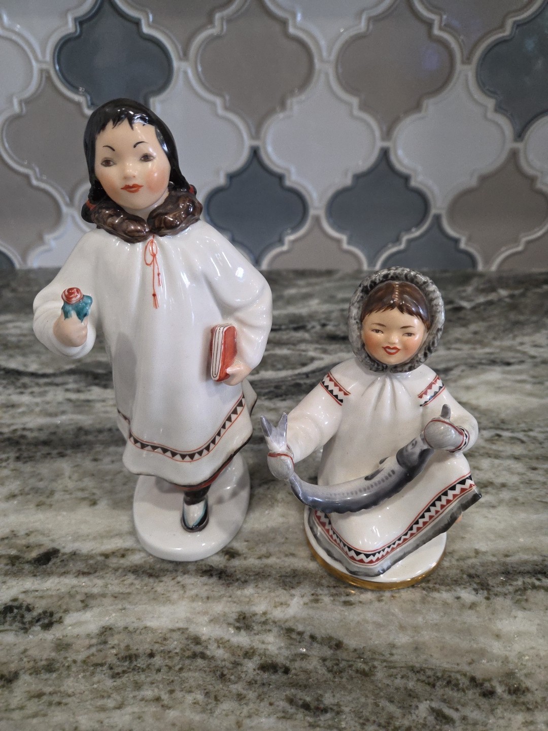 2 USSR Russia Lomonosov Yakut Eskimo Girl Flower Book Porcelain Figurine READ**