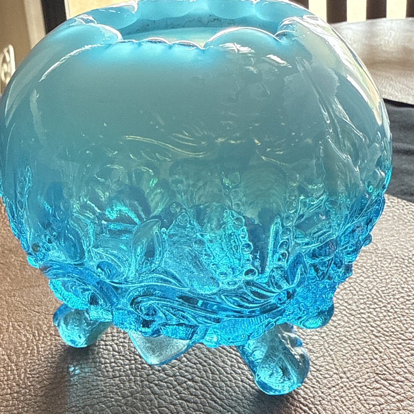 Vintage English Sowerby Blue Opal Piasa Bird Opalescent Glass Rose Bowl