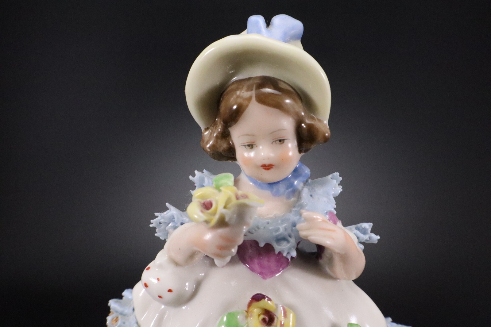 Dresden GIRL in BONNET Porcelain Lace FIGURINE #6 Flowers Germany