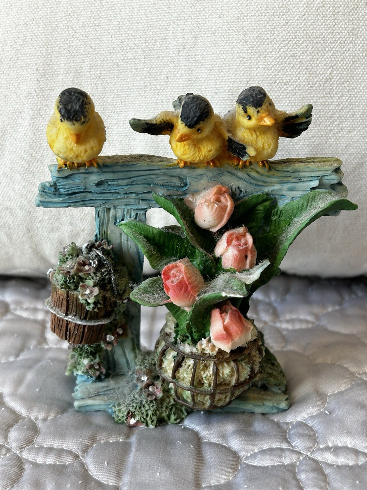 Vintage Garden Theme Figurine with Yellow Birds and Tulip Flowers