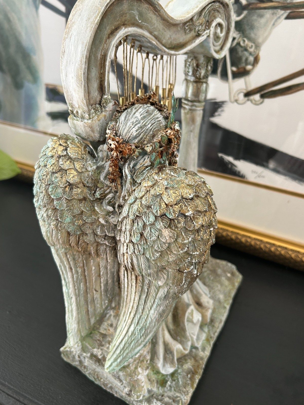 14″ Tall Angel Harf statue/ indoor decor/Outdoor garden wind chime.