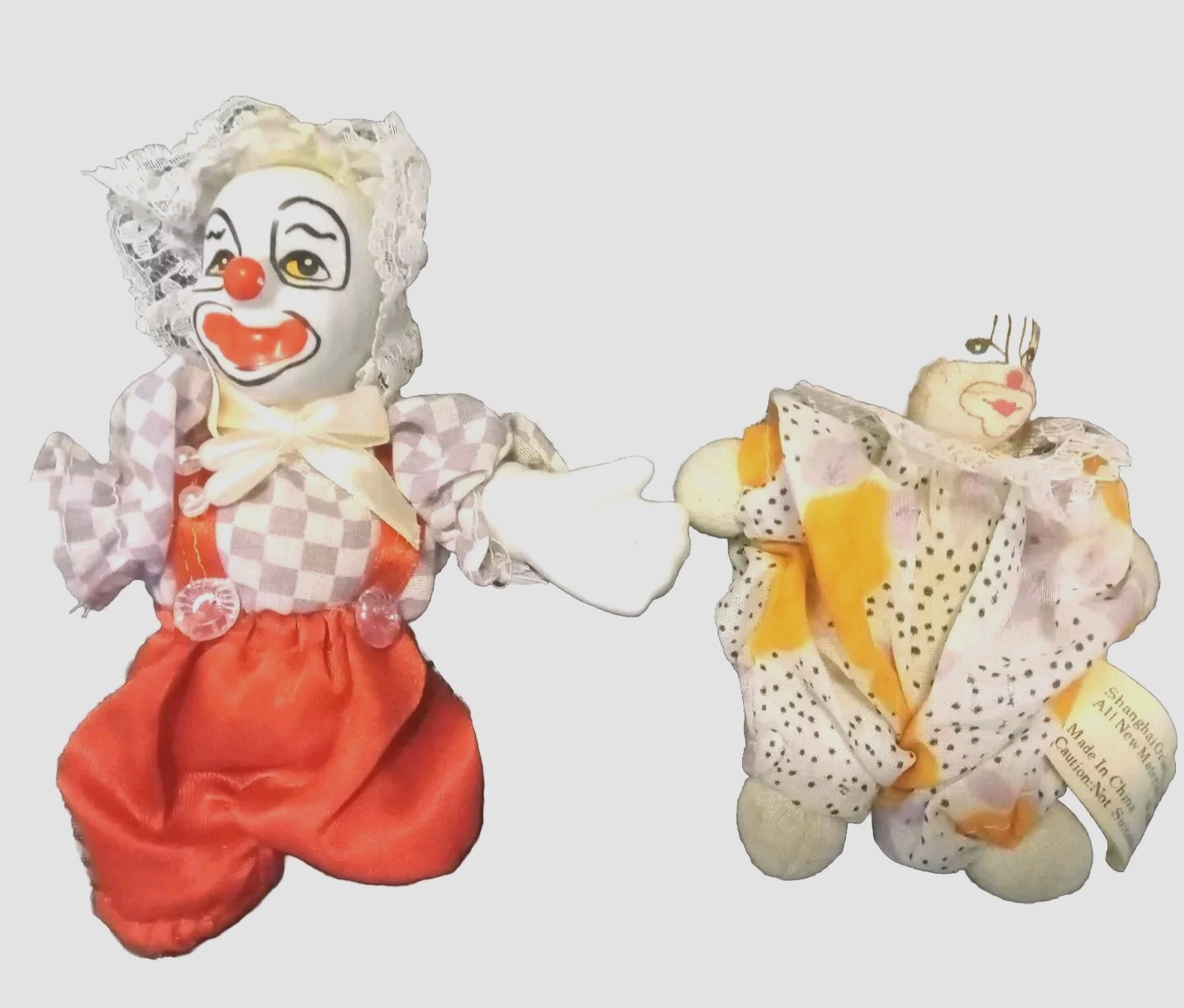 Set Of 2 Miniature Clowns. Ceramic With Soft Bodies Pre-owned Sizes 6.5″…