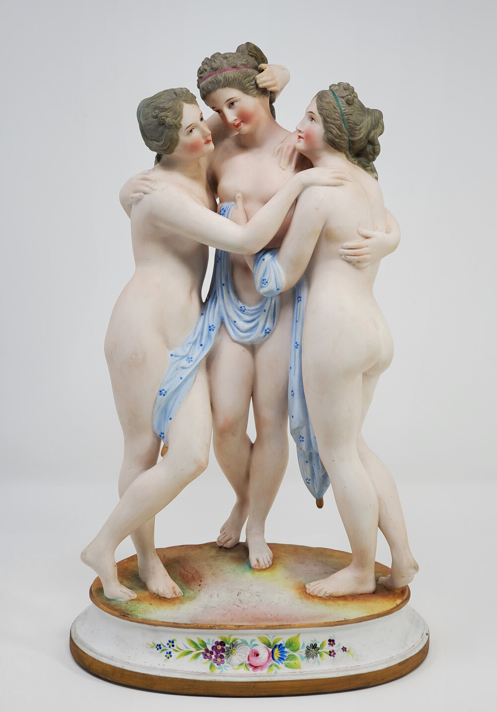 BEAUTIFUL BISQUE FIGURINE OF THREE MUSES, 11.5″ High, Marked 1881