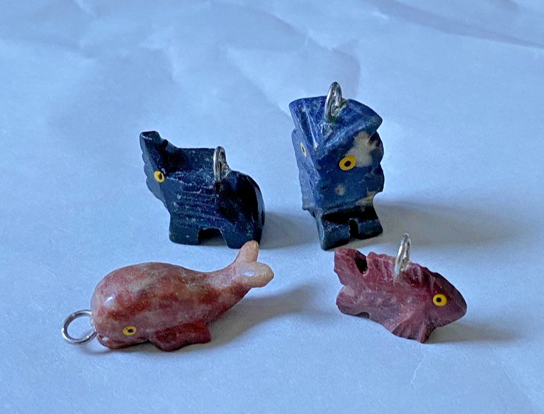 4 Stone Animal Figurines Owl Elephant Fish Whale Hand Carved Stone Charms Mini