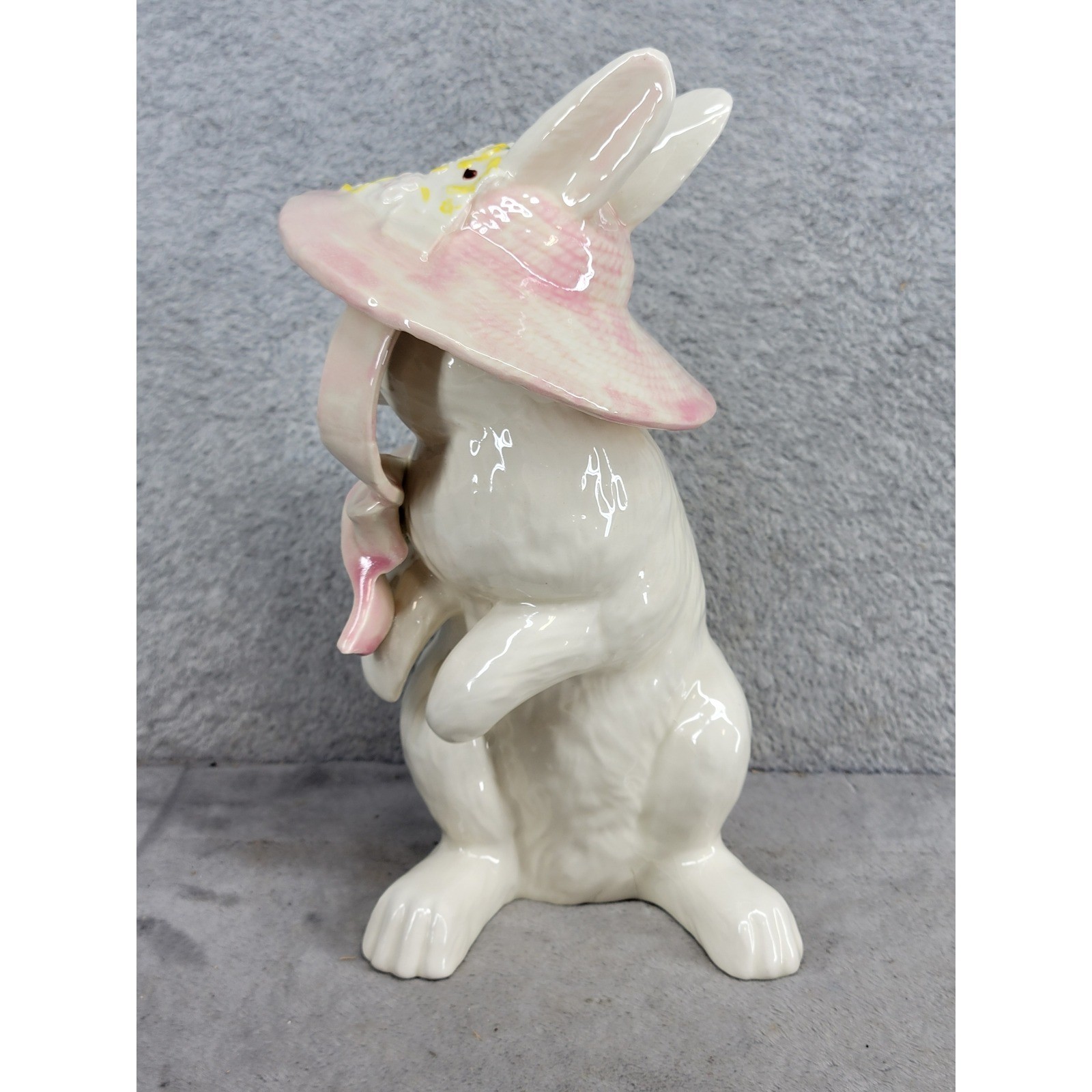Vintage Ceramic Easter Bunny Rabbit Figurine Pink Floral Sun Hat 10 Inch White
