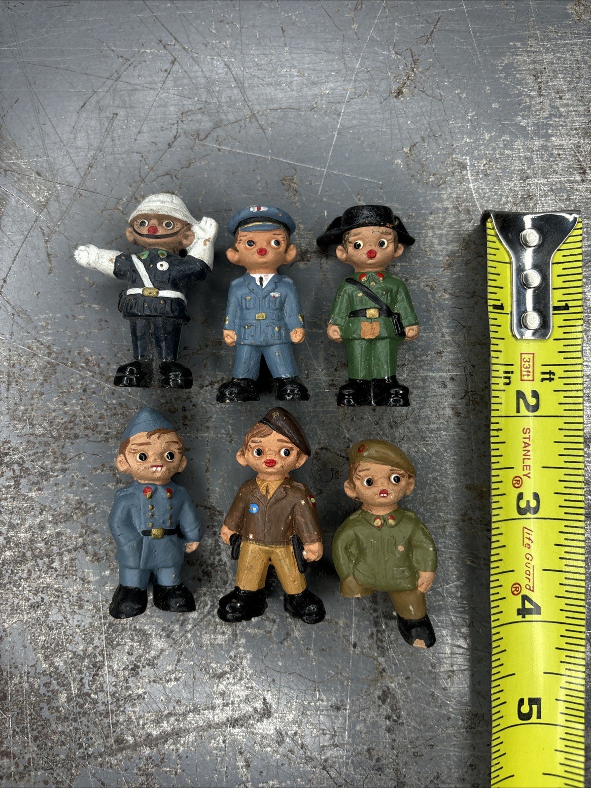 Lot 6 Vintage Spanish Mud People Mini Clay Figurines 2″ Hand Painted Navy Police