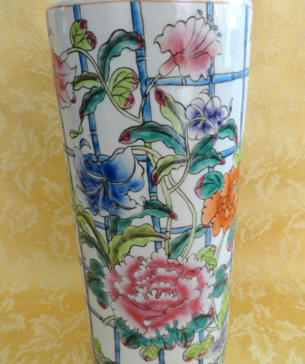 Vintage Chinese Porcelain Vase Brush Pot With Flowers The Bombay Company